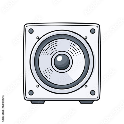 Cartoon illustration of a white square speaker with a circular woofer and silver grille