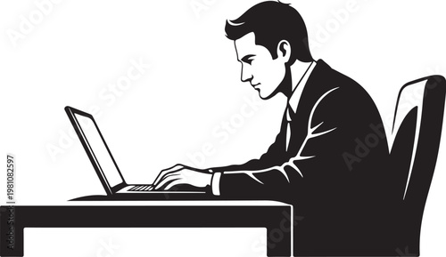 Businessman working on laptop computer sitting at desk chair