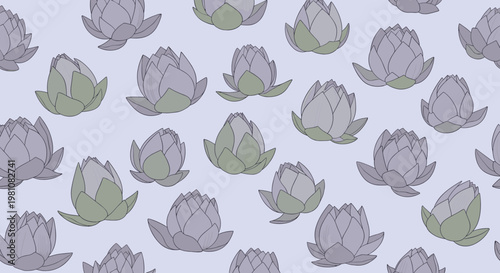 Pattern of purple flower buds resembling lotus or artichokes is arranged across a soft lavender background in a repeat design.