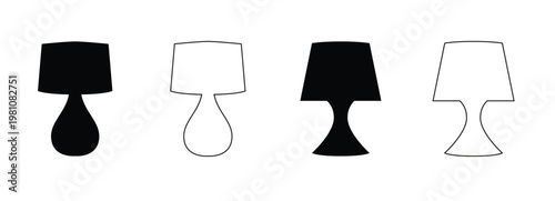 Black and white silhouettes of lamps on nightstands and a freestanding lamp on a white background  home decor and furniture icons, vector illustration.