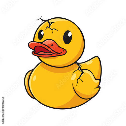 Cracked Yellow Rubber Duck Toy with Open Beak Cartoon Style