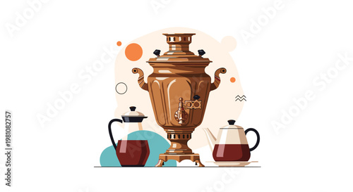 Traditional russian samovar stands alongside two teapots on a decorative background for a classic tea time illustration.