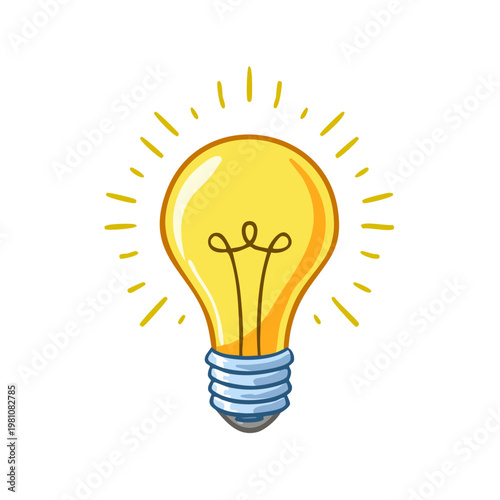 Bright yellow incandescent light bulb glowing with radiating light, symbolizing ideas and inspiration