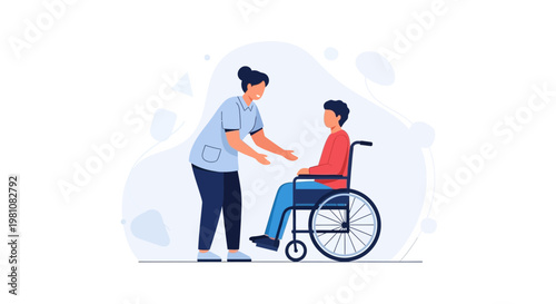 Nurse assisting person in wheelchair, healthcare, medical care, support, disability concept