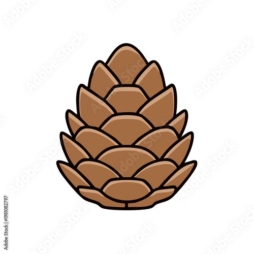 Stylized brown pine cone illustration with layered scales and bold outline on white background