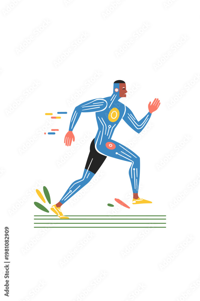 Fototapeta premium Glowing digital athlete sprints on a binary code racetrack