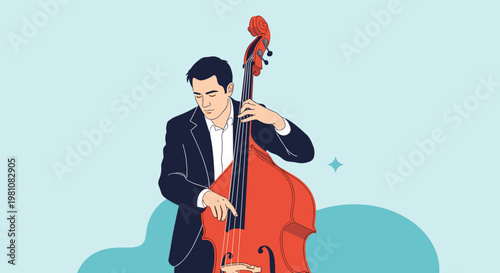 Man in a dark suit plays a large double bass with concentration on a light blue background featuring abstract shapes.