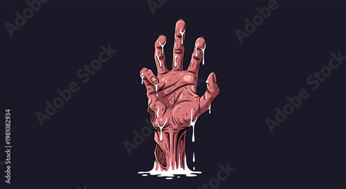 Decaying zombie hand rises from the dark ground dripping with white liquid against a solid black background for horror.