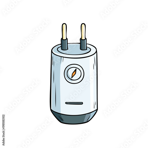 Simple cartoon drawing of a white electrical adapter with two prongs and a small circular dial