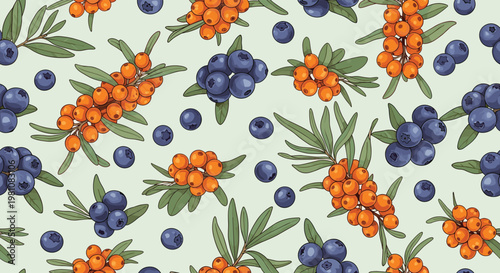Pattern of orange sea buckthorn berries and blue blueberries with green leaves is arranged on a light gray background color.