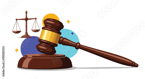 Dark wooden law gavel and the scales of justice are displayed on a colorful background for legal and judicial concepts.