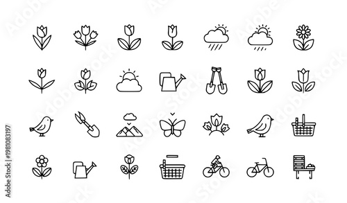 Organized spring line icons mega set with categorized flowers plants weather tools birds and outdoor symbols for infographic and UI