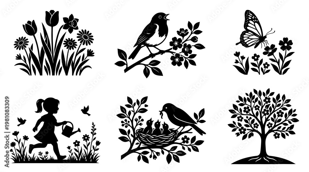 Fototapeta premium spring silhouette vector set