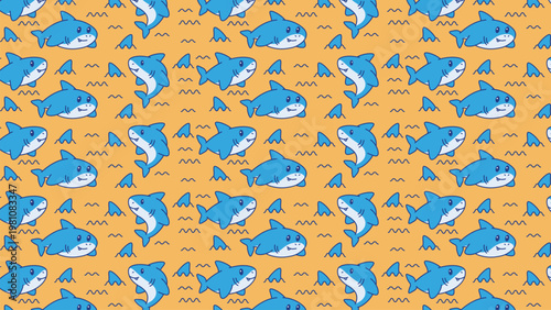 Blue sharks swim happily in yellow ocean waves. Pattern repeats with playful, cartoonish charm. Perfect for children's books or ocean-themed designs. Simple, cheerful style appeals to young audiences