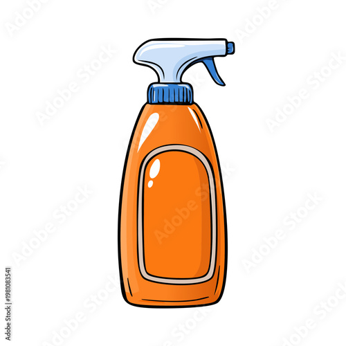 Orange spray bottle with blue nozzle for cleaning supplies and household liquids illustration