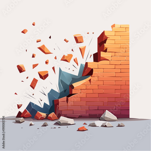 Dynamic illustration of a brick wall collapsing into fragments, symbolizing breakthrough and overcoming barriers