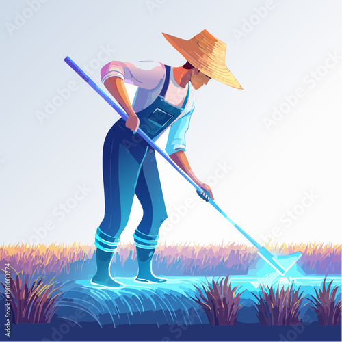 Farmer working in a rice paddy with a hoe during daytime