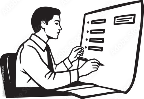 Man in shirt and tie interacting with large computer monitor