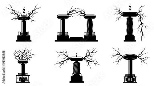 tesla coil silhouette vector set