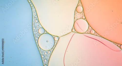 Oil droplets on water surface with bubbles and colorful background