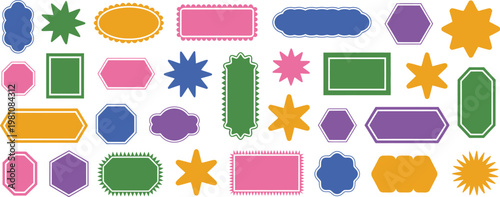 Colorful Geometric Shapes Set with Rectangles, Squares, Circles, and Ovals, Scalloped Borders and Wavy Squiggly Textbox Frames, Decorative UI Elements for Labels, Stickers, and Design Layouts