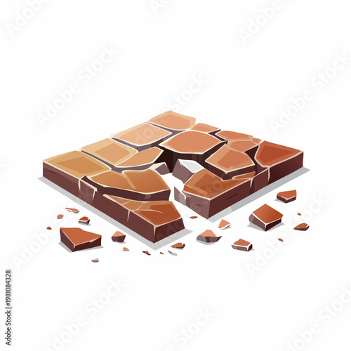 Isometric cartoon drawing of a large square brown earth tile or ground slab cracked into numerous broken fragments