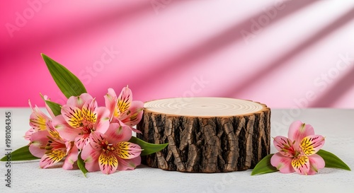 Pink Alstroemeria Flowers and Tree Stump on White Surface 1