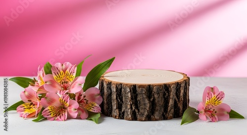 Pink Alstroemeria Flowers and Tree Stump on White Surface
