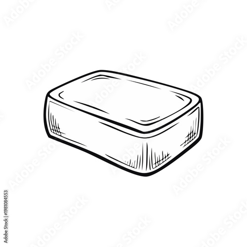 Hand-drawn sketch of a rectangular bar of soap with a textured surface, isolated on a white background