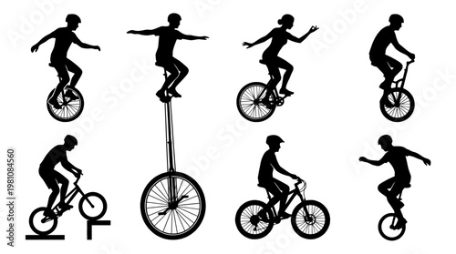 unicycle silhouette vector set