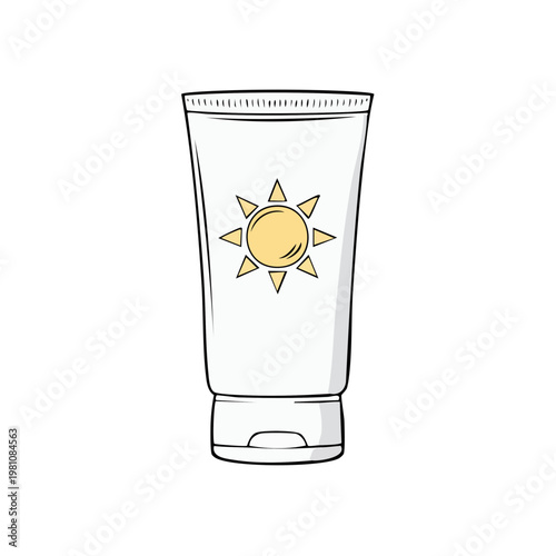 Hand drawn illustration of a sunscreen tube with a sun symbol on a white background