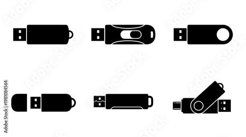 usb flash drive silhouette vector set
