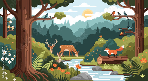 Vibrant Forest Vista: A whimsical illustration of a flourishing forest scene, brimming with life and color. Deer graze, birds sing, and a fox rests, showcasing the harmonious co-existence of nature.