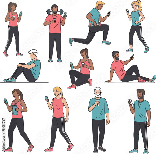 Athletes use mobile phones while taking a short break from daily.