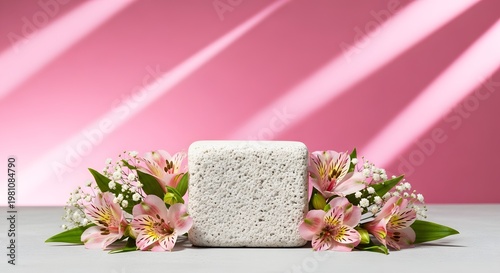 Pink flowers and white stone on pink background with sunlight