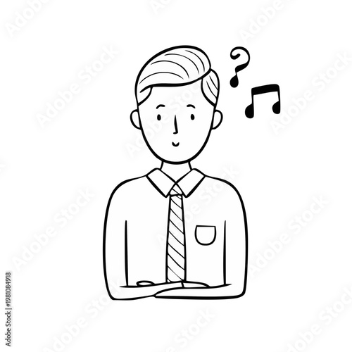 Man thinking with question marks and music notes above his head in a simple line drawing style