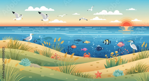 Coastal Paradise: A vibrant seascape showcases a serene coastal scene, featuring graceful seagulls soaring above the waves and a diverse array of marine life beneath the surface. 