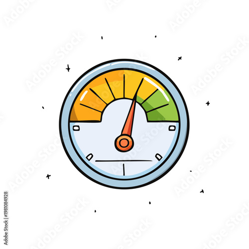 Cartoon speed gauge showing moderate performance with a red needle pointing to yellow and green segments