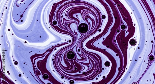 Purple and white fluid background with swirling patterns and bubbles