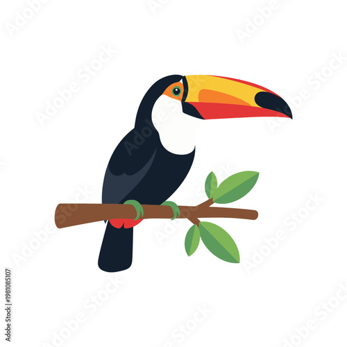 A colorful toucan perched on a branch with green leaves against a white background