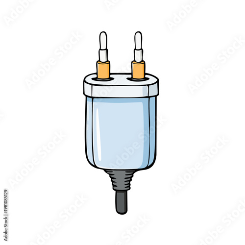 Illustration of a clear plastic electrical adapter with two prongs and a cable connection