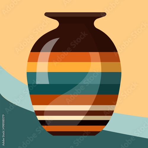 A stylized illustration of a decorative ceramic vase with colorful horizontal stripes set against a soft abstract background.