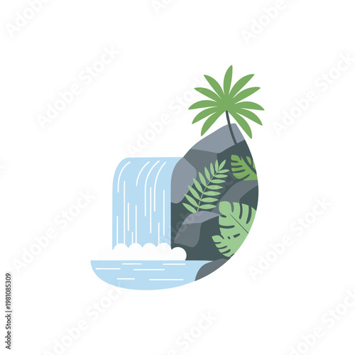 A serene tropical landscape with a waterfall surrounded by lush greenery and palm trees