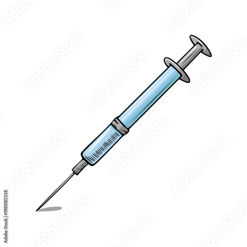 Hand Drawn Medical Syringe with Blue Liquid and Needle