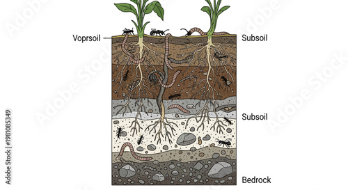 Soil Layers: Revealing the intricate layers of the earth's composition, the image depicts a detailed cross-section of soil, revealing its layers and inhabitants