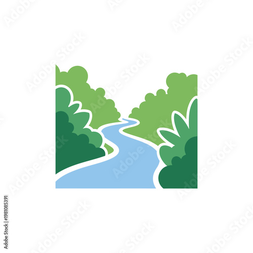 A serene and peaceful illustration of a winding river flowing through a lush green forest
