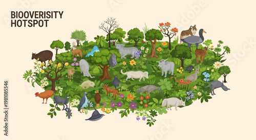 Biodiversity Hotspot Illustration: A vibrant illustration showcasing a biodiversity hotspot, teeming with diverse flora and fauna, highlighting the interconnectedness of life in a precious ecosystem.