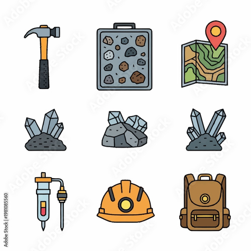 Geology Tools and Samples Icons Set.