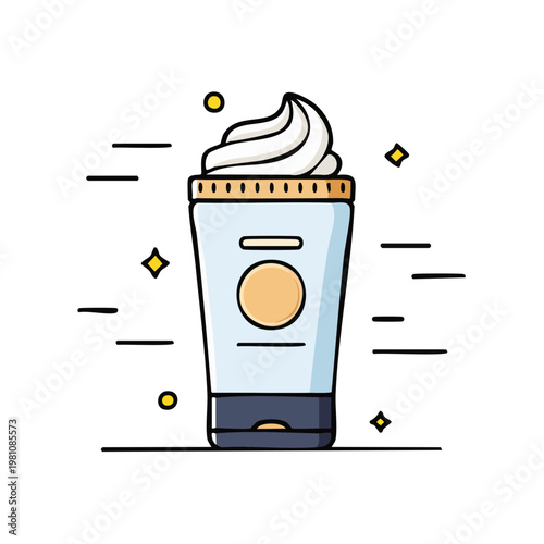 Cream bottle with swirl of white product and sparkles for cosmetic or beauty promotion