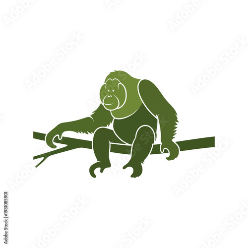 A green illustration of a gorilla sitting on a branch with a white outline